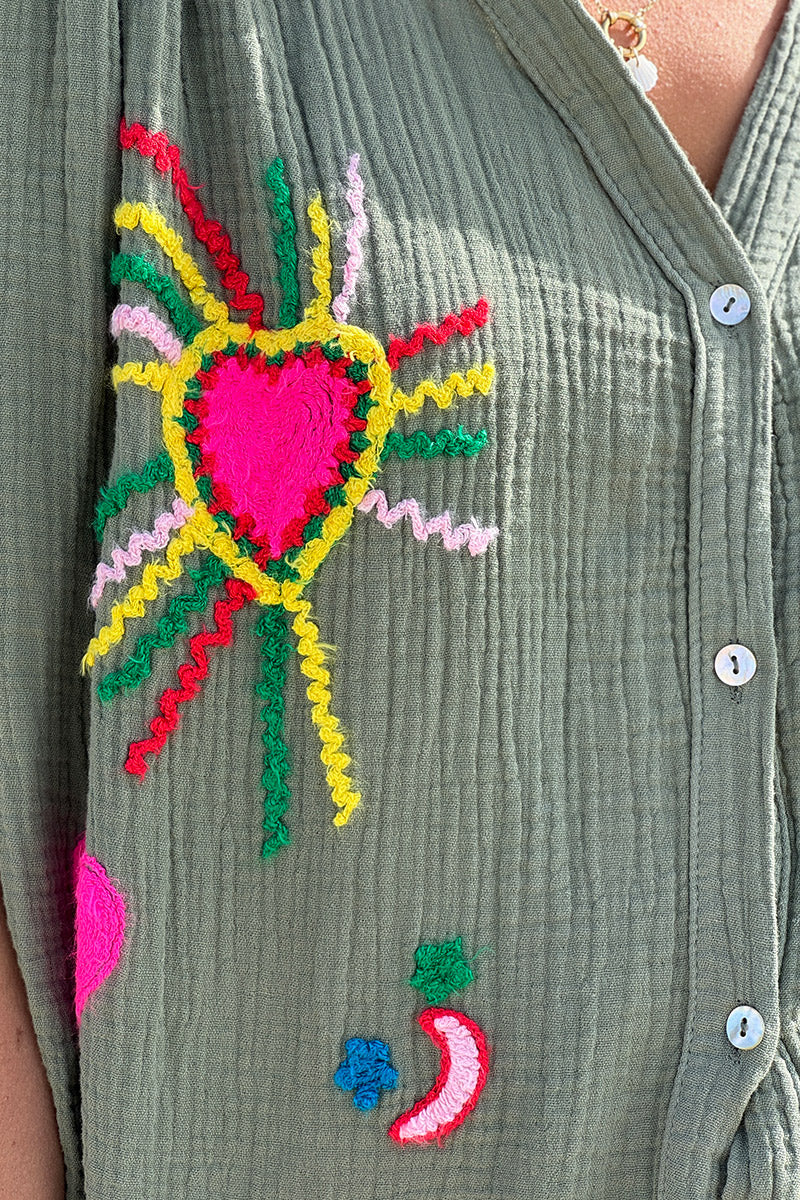 Olive Embroidered Gauze Button-Down Blouse
