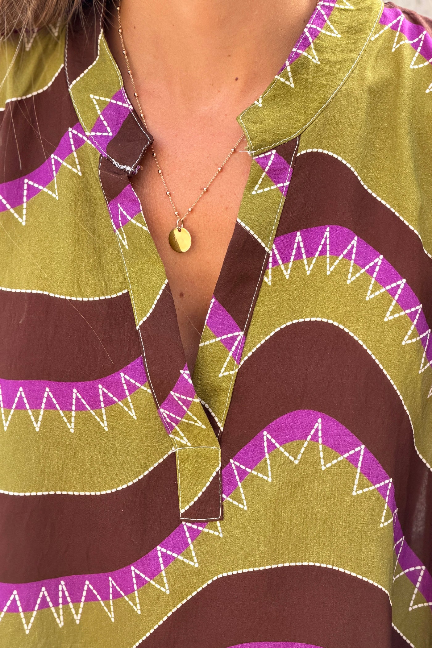 Olive Burning Heart Striped Viscose Blouse
