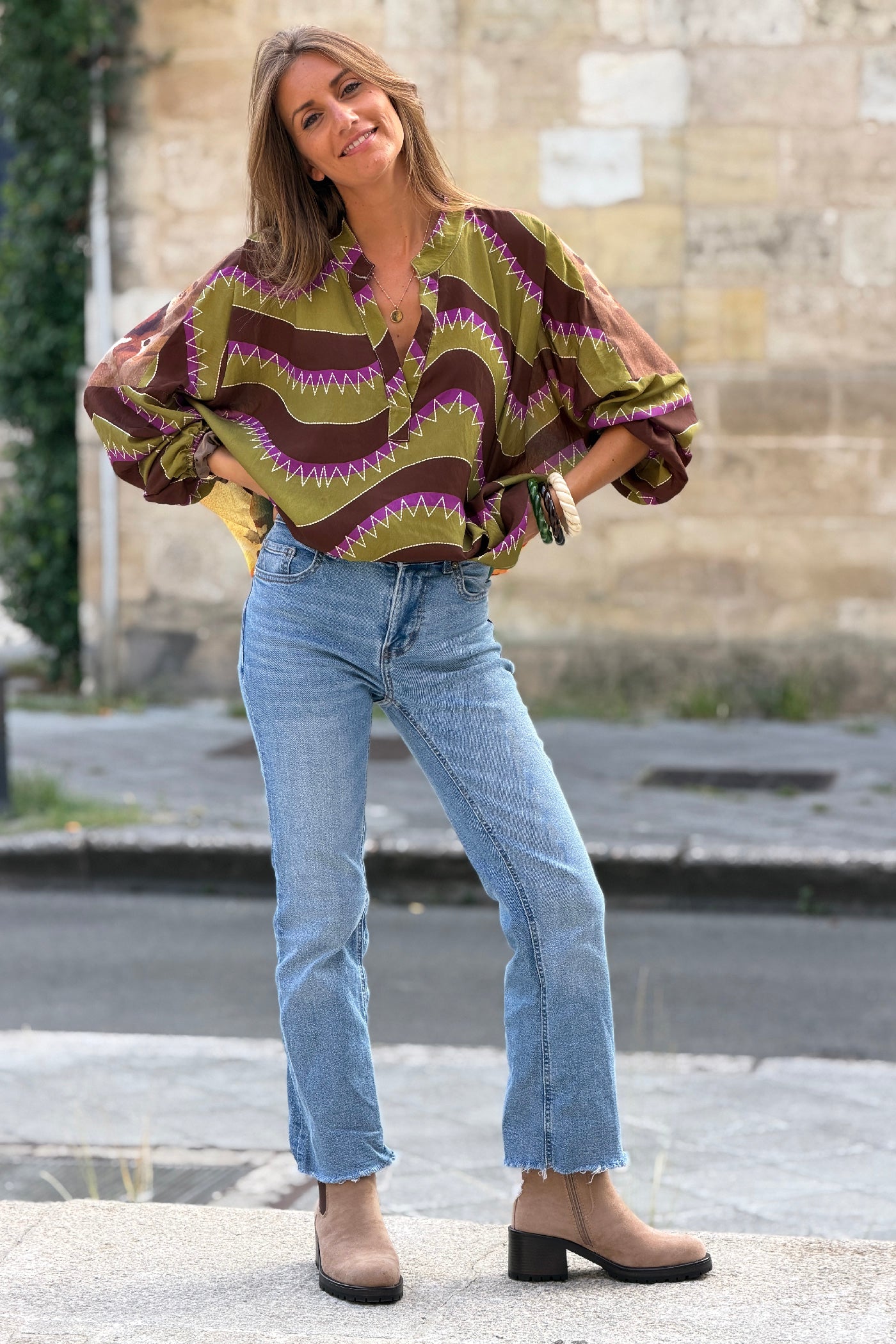 Olive Burning Heart Striped Viscose Blouse
