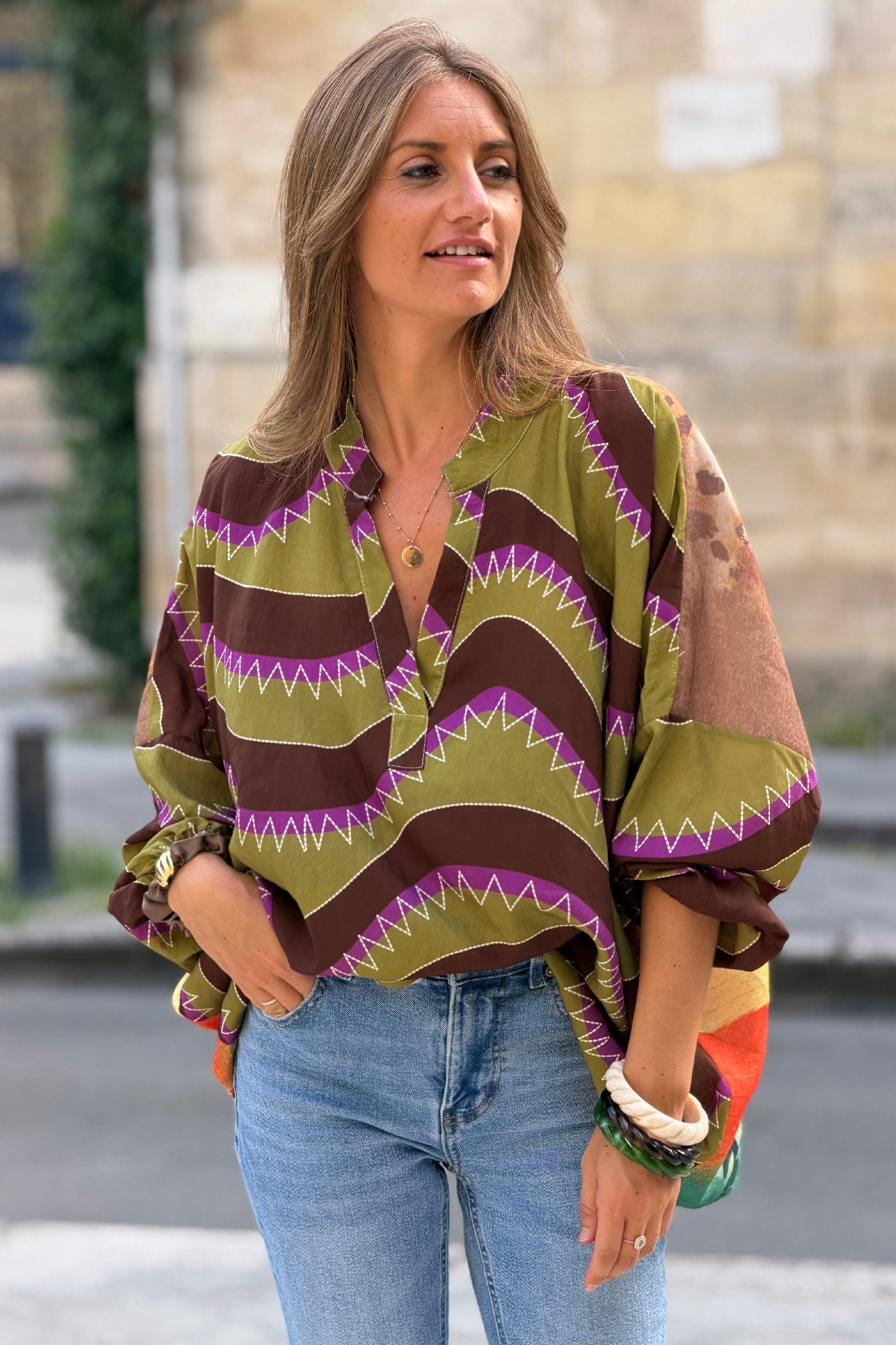 Olive Burning Heart Striped Viscose Blouse
