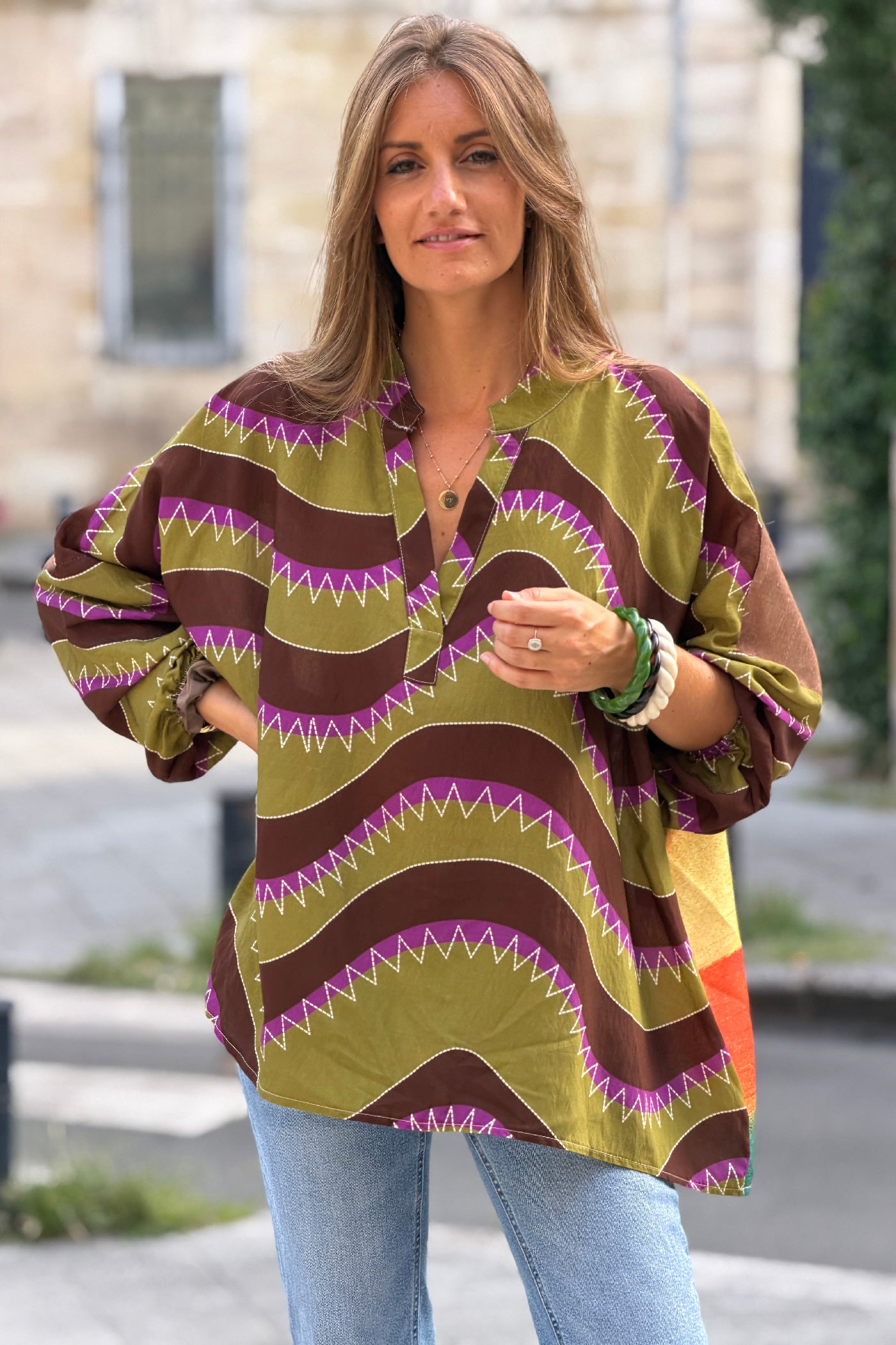 Olive Burning Heart Striped Viscose Blouse
