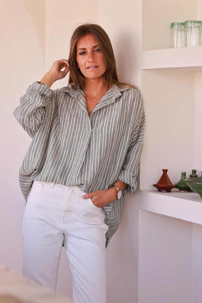 Olive Pinstripe Woven Split Neck Tunic
