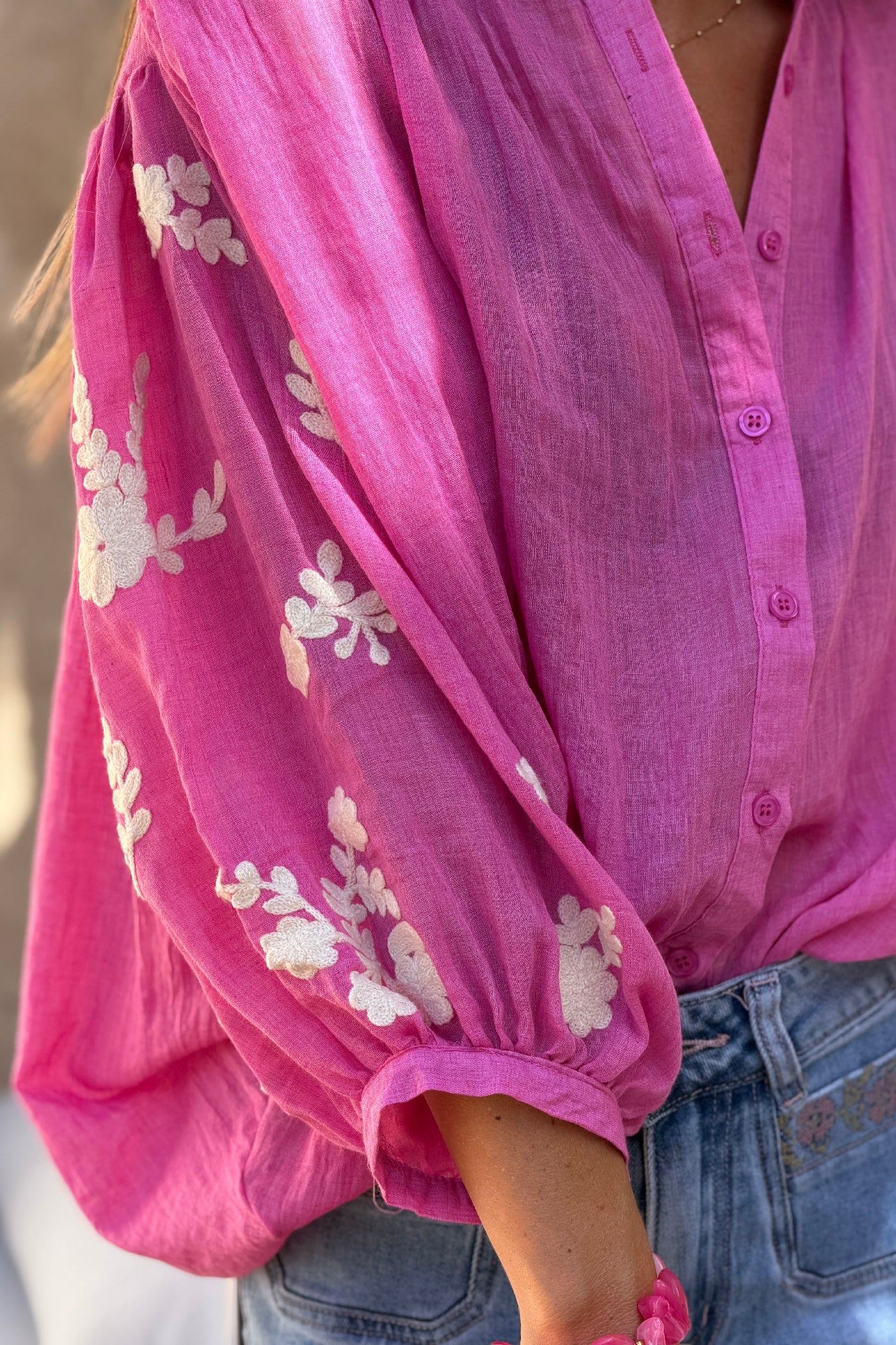Fuchsia Floral Applique Cotton Blouson Top 