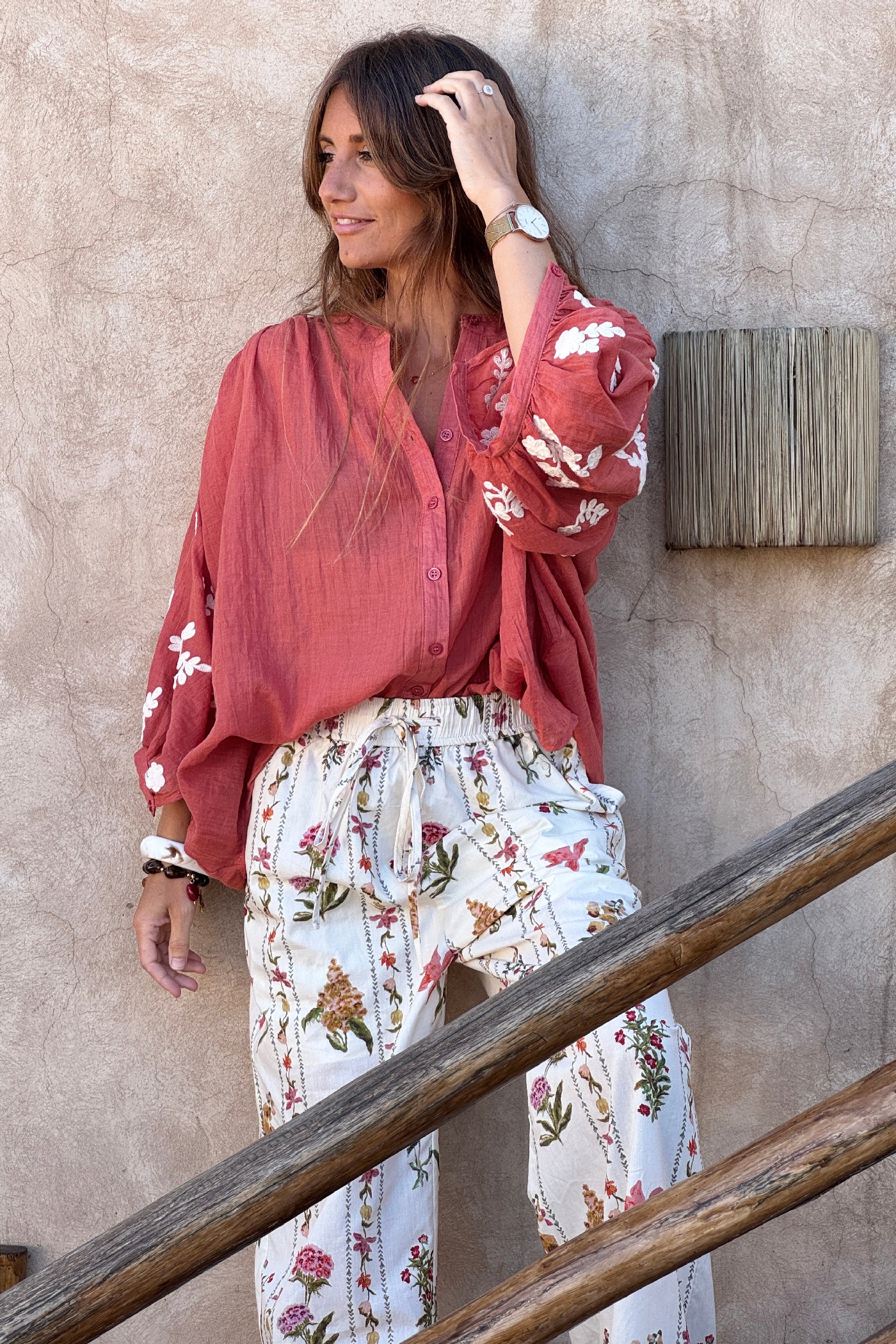 Terracotta Floral Applique Cotton Blouson Top 