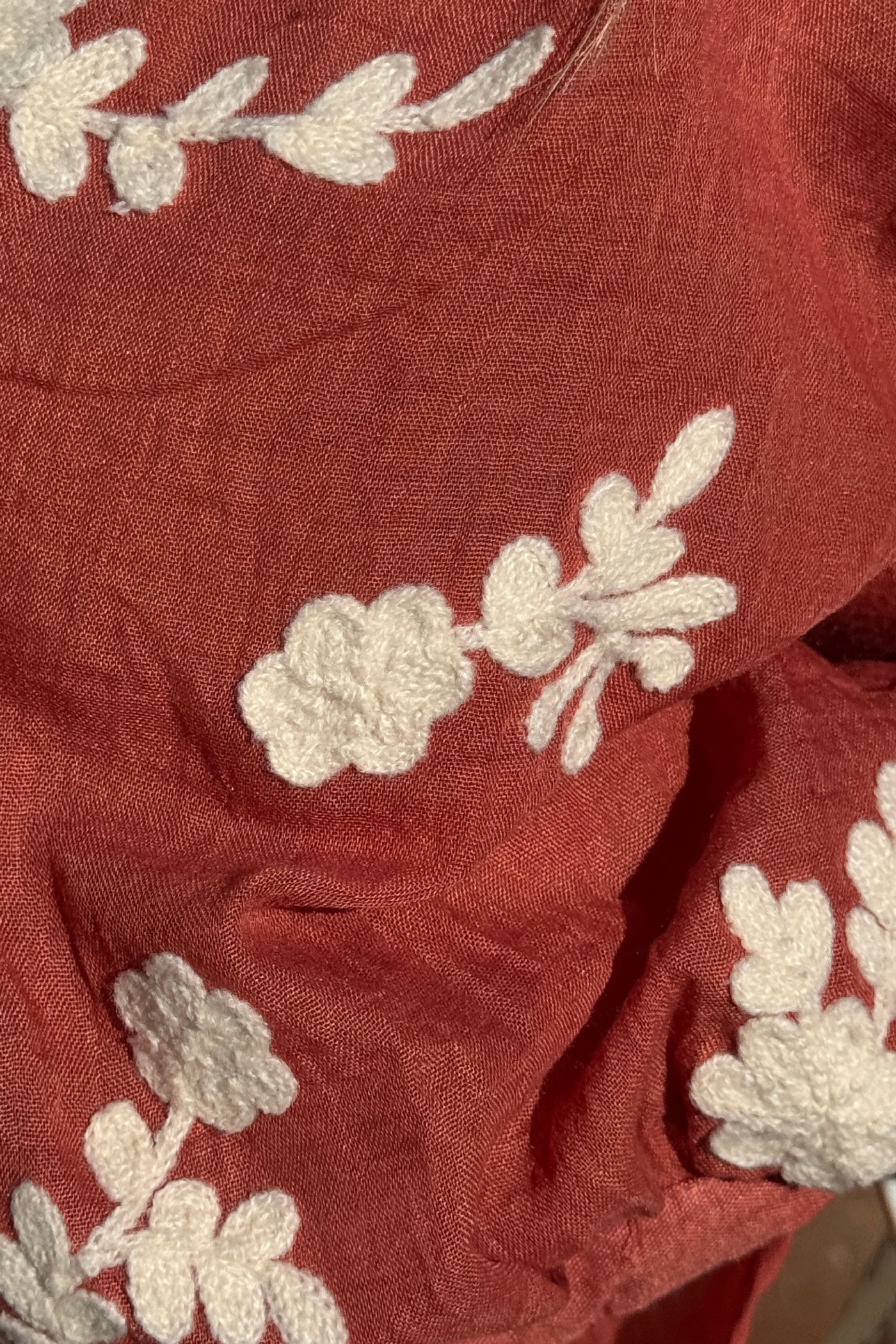 Terracotta Floral Applique Cotton Blouson Top 