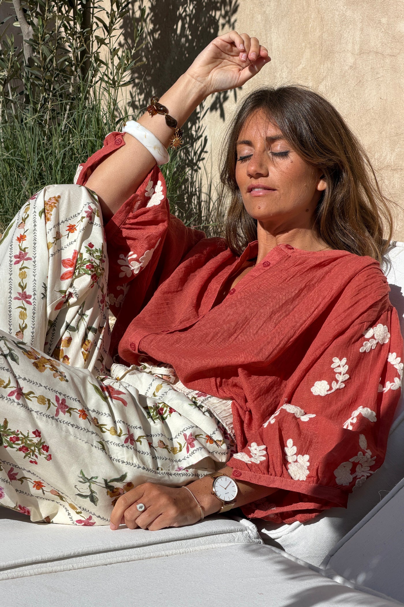 Terracotta Floral Applique Cotton Blouson Top 