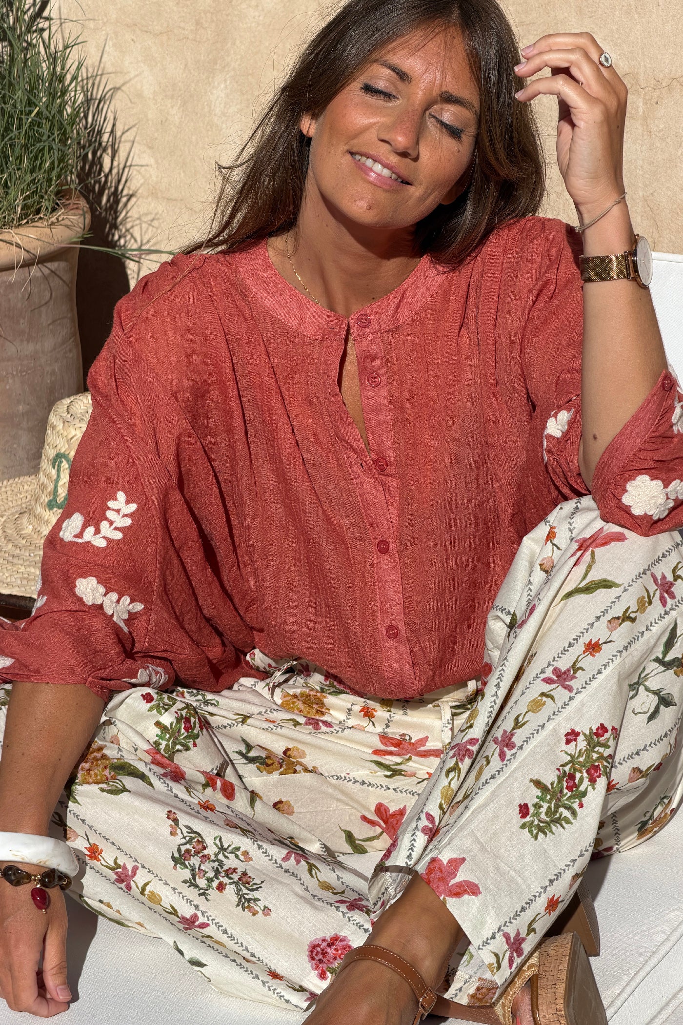 Terracotta Floral Applique Cotton Blouson Top 