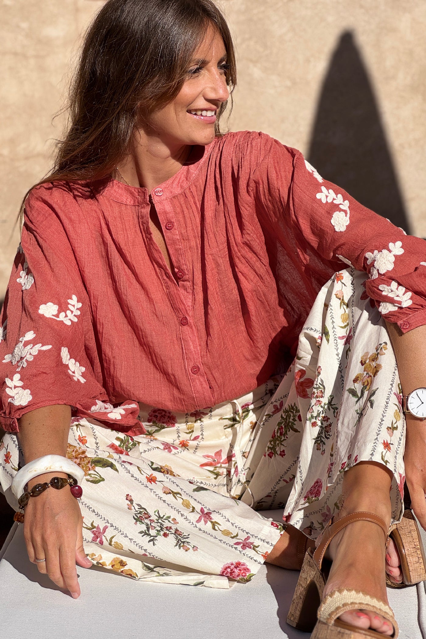Terracotta Floral Applique Cotton Blouson Top 