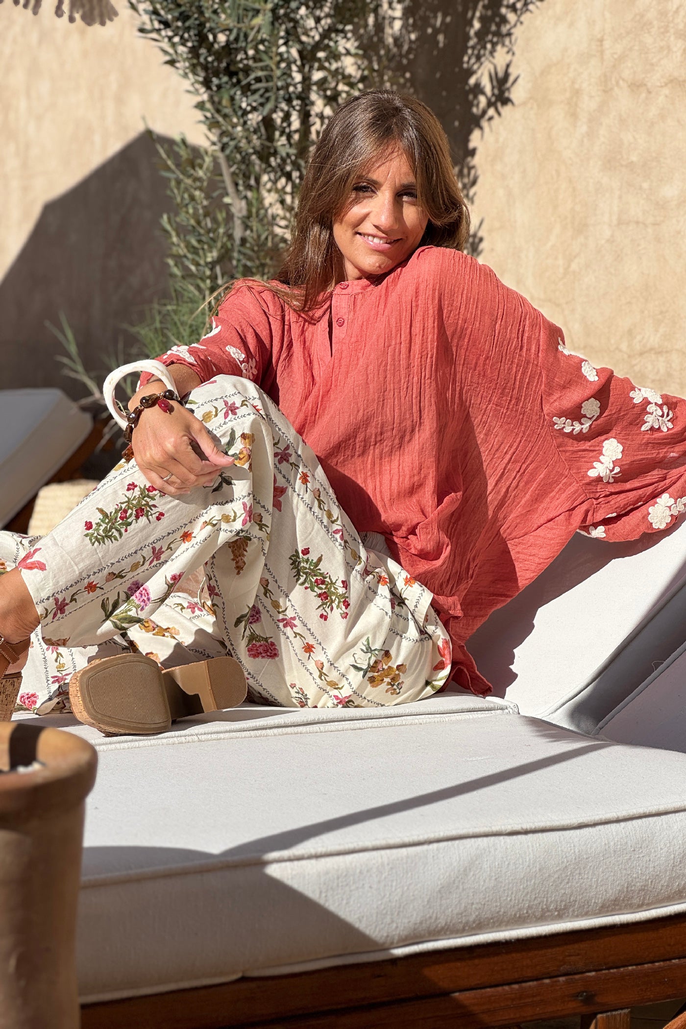 Terracotta Floral Applique Cotton Blouson Top 