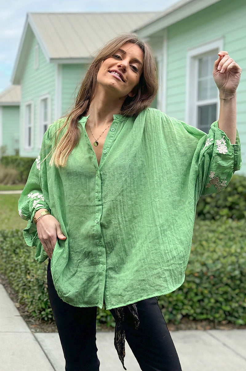 Green Floral Applique Cotton Blouson Top 