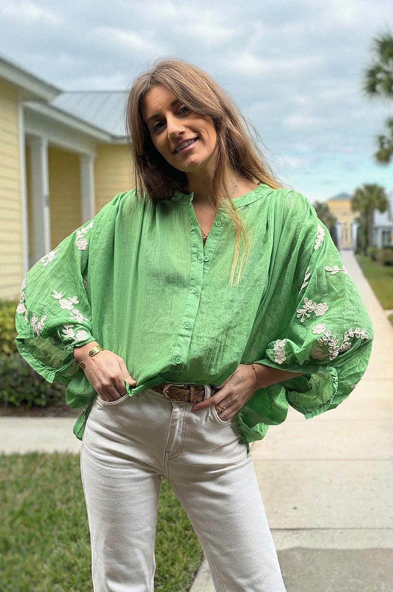 Green Floral Applique Cotton Blouson Top 