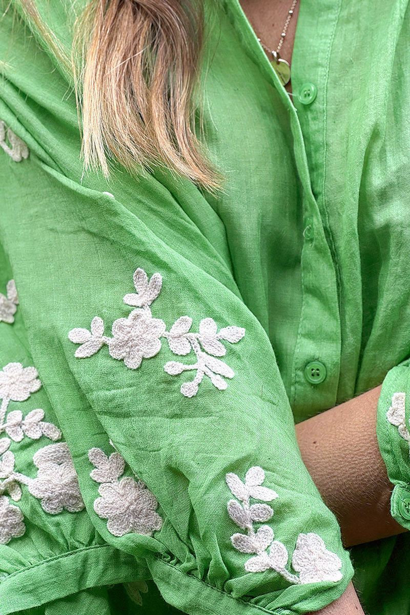 Green Floral Applique Cotton Blouson Top 