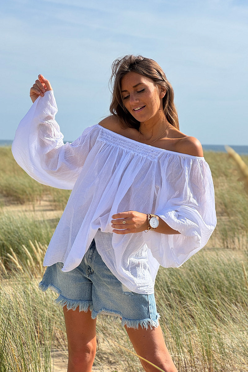 White Shirred Cotton Peasant Blouse