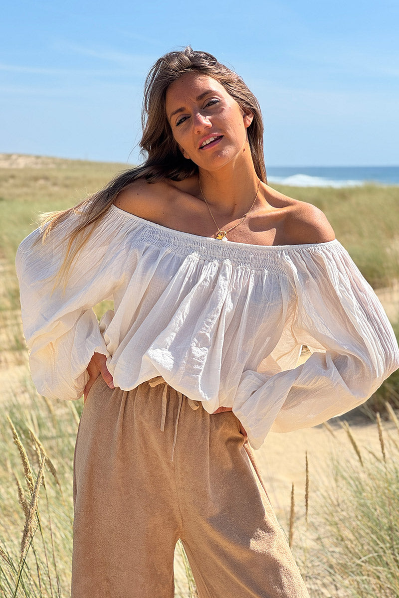 Cream Shirred Cotton Peasant Blouse