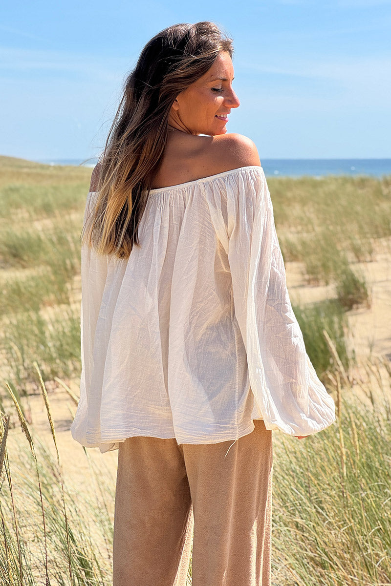 Cream Shirred Cotton Peasant Blouse