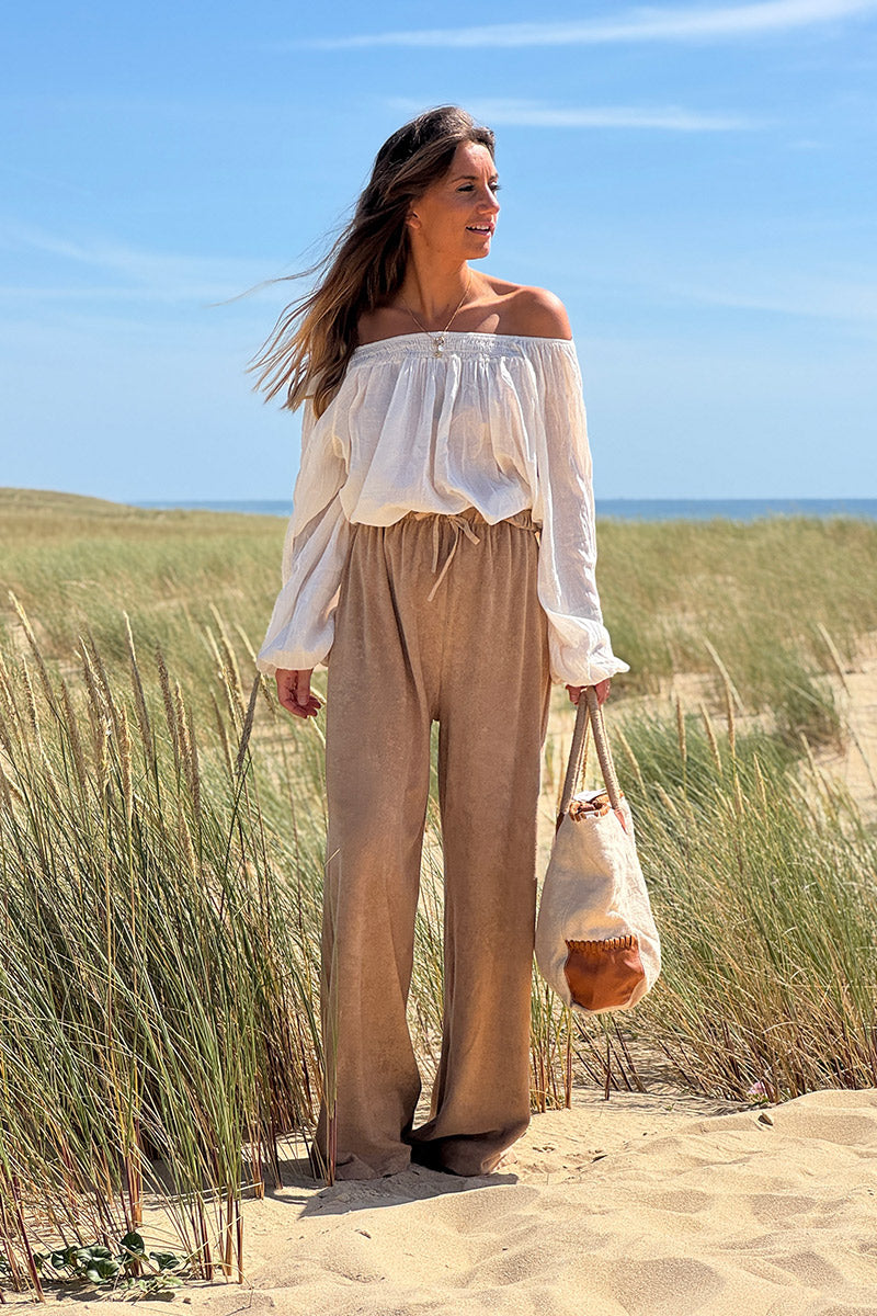 Cream Shirred Cotton Peasant Blouse