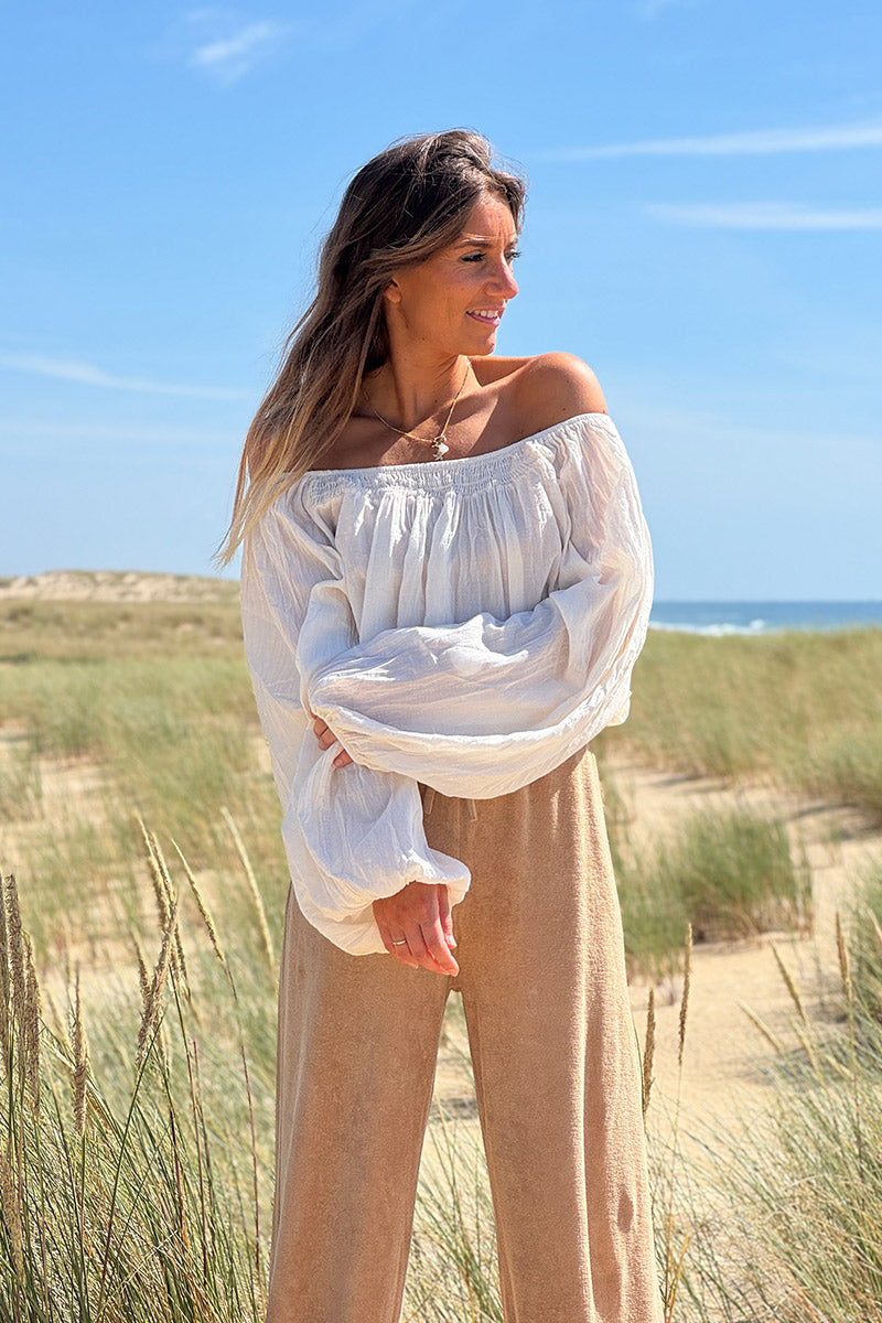 Cream Shirred Cotton Peasant Blouse