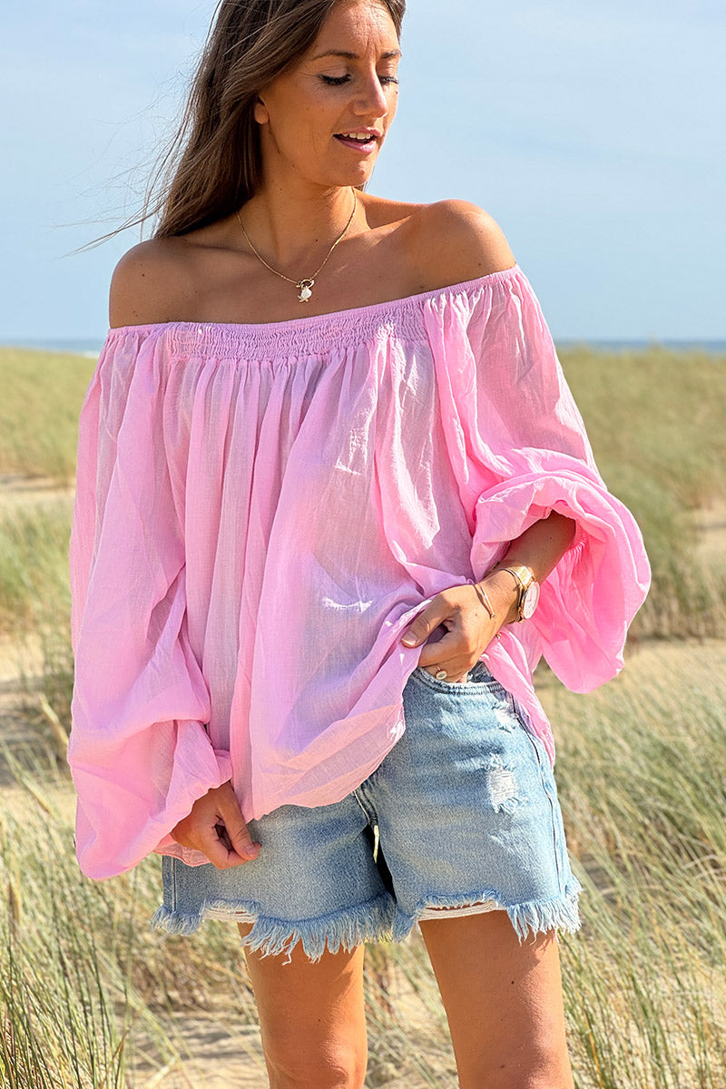 Túnica ligera de algodón rosa con cuello bardot elástico