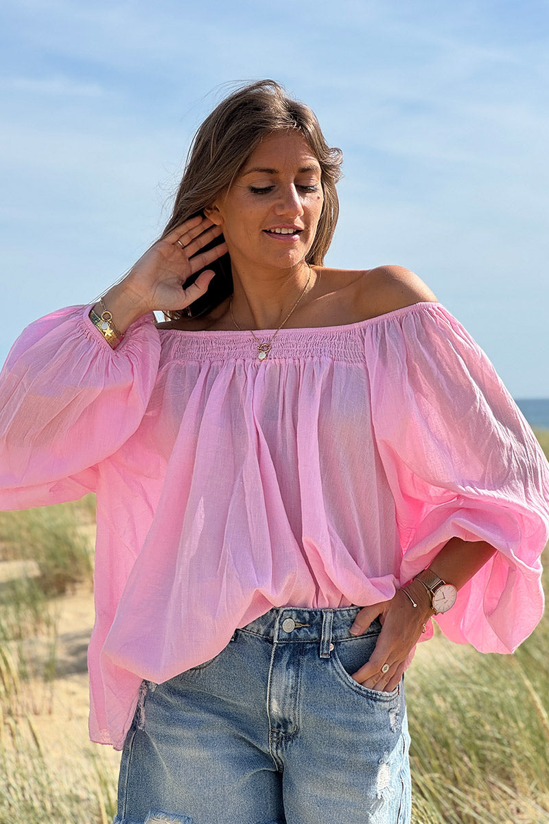 Túnica ligera de algodón rosa con cuello bardot elástico