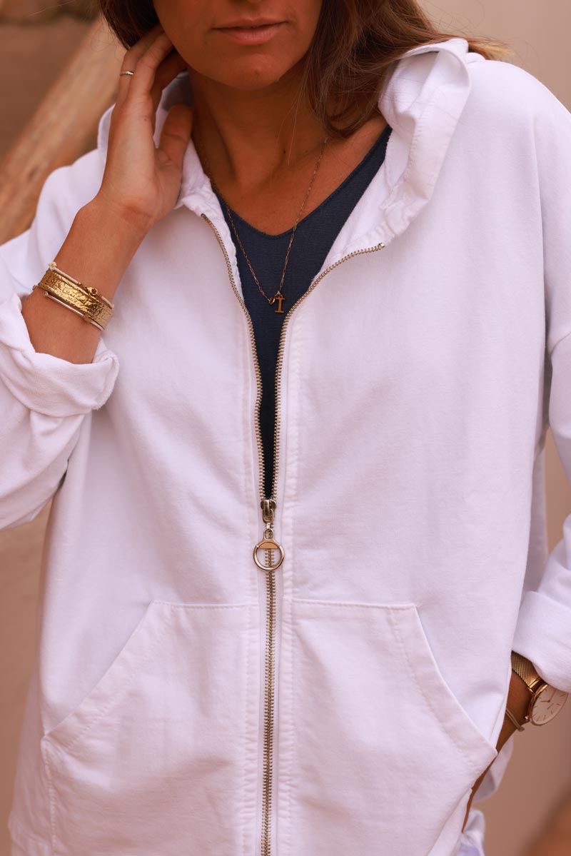 White Satin Stripe Stretch Knit Zip Hoodie