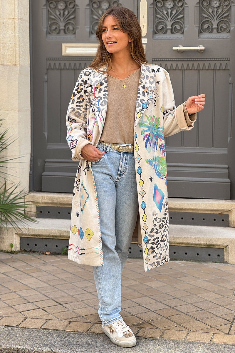 Veste blazer long en suédine beige motifs palmier léopard et cheval