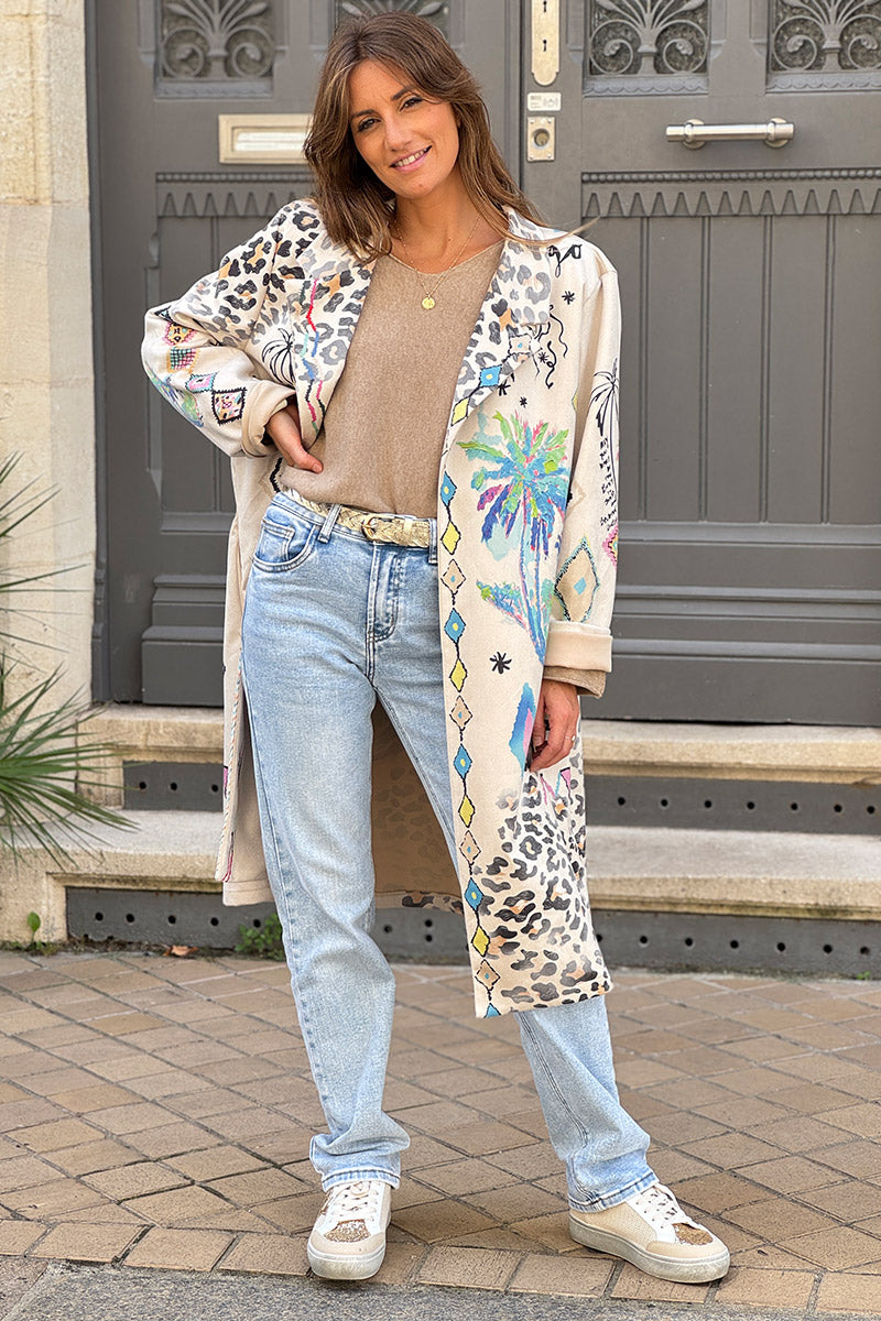 Veste blazer long en suédine beige motifs palmier léopard et cheval
