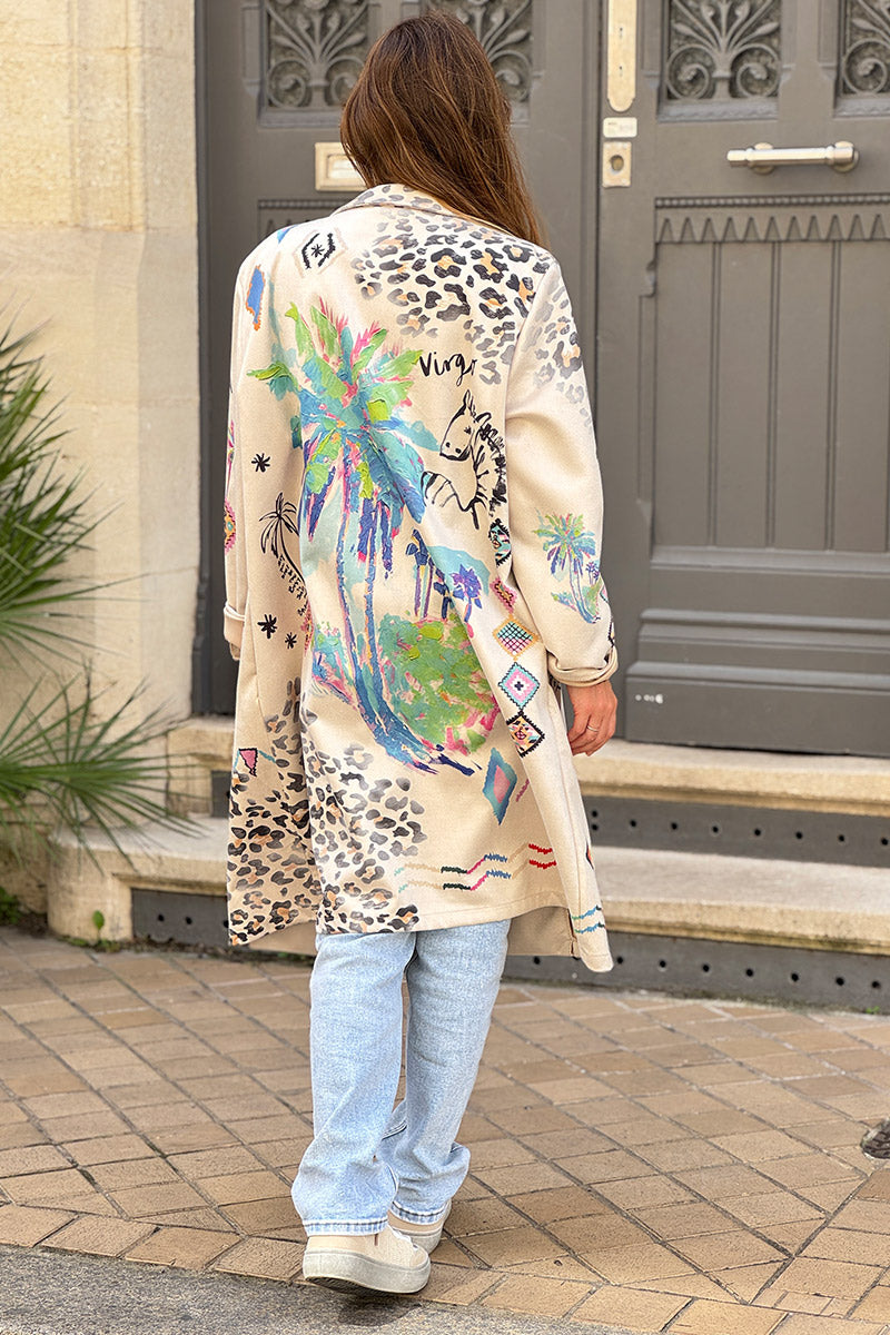 Veste blazer long en suédine beige motifs palmier léopard et cheval