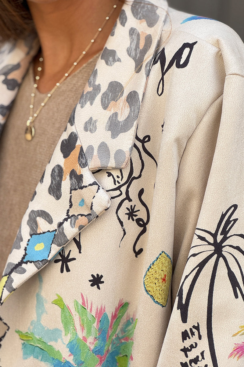 Veste blazer long en suédine beige motifs palmier léopard et cheval