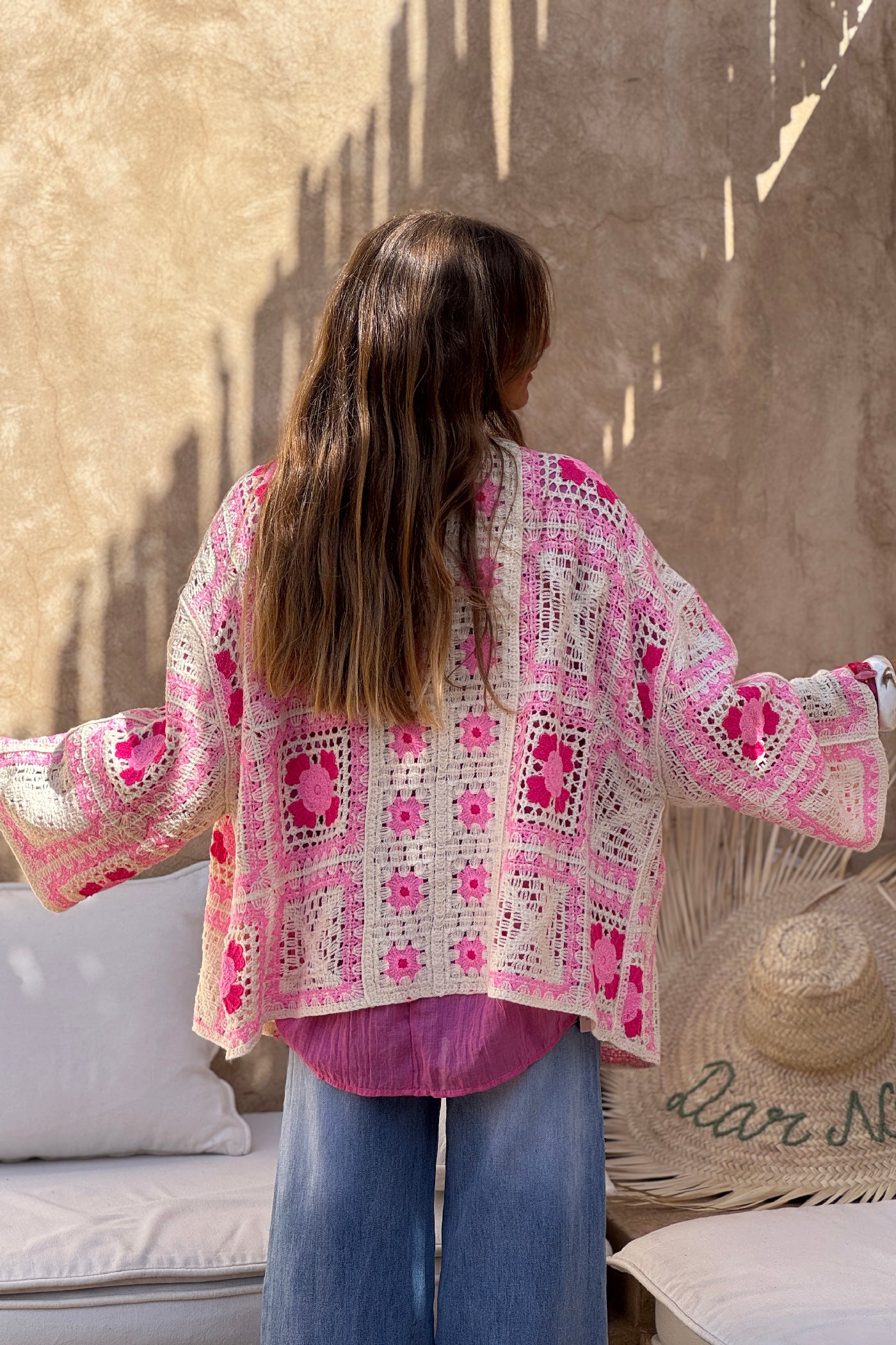 Pink Crochet Blanket Square Cardigan