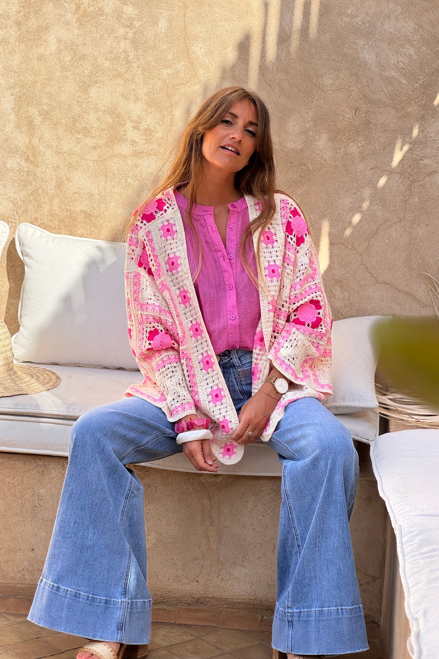 Pink Crochet Blanket Square Cardigan