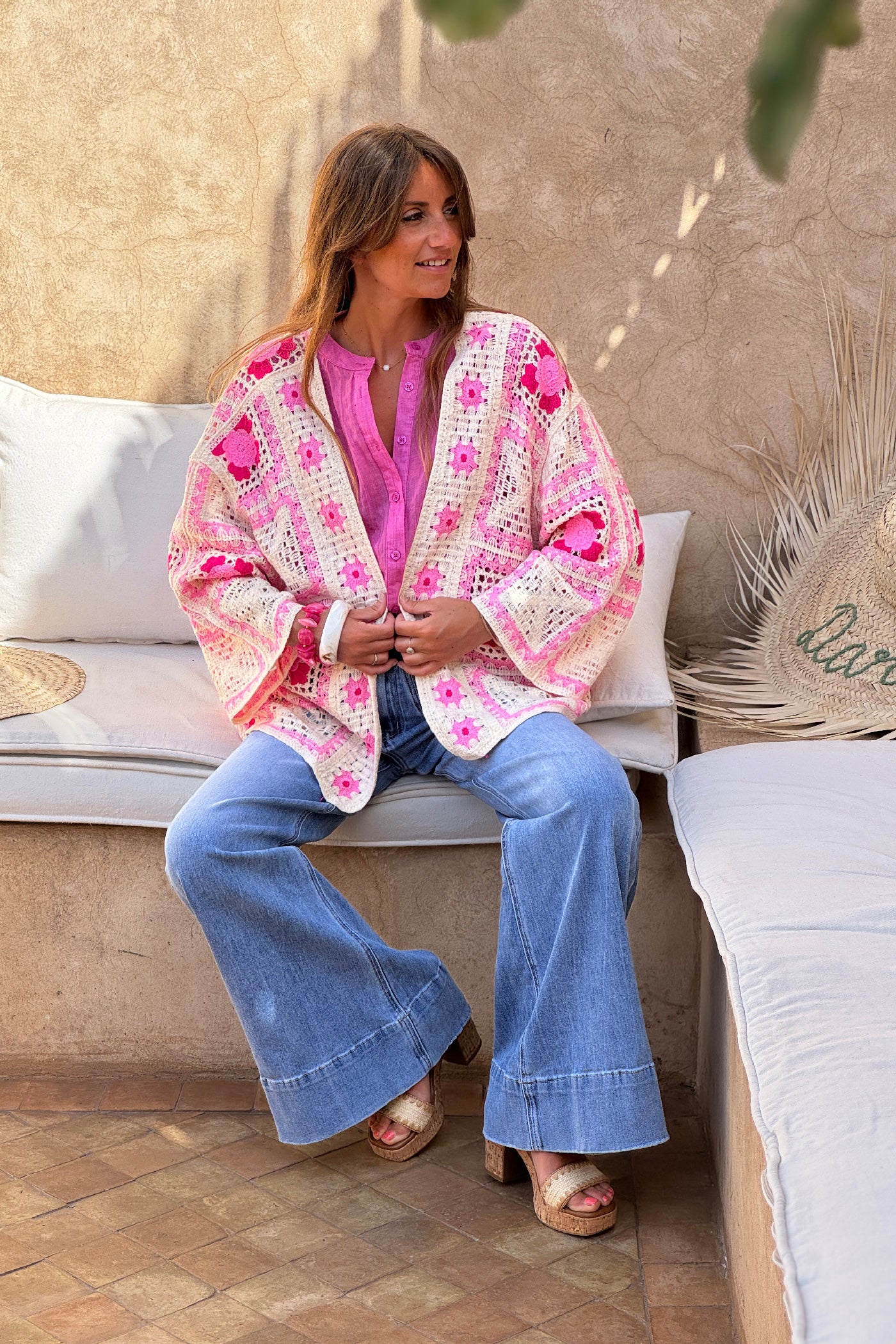 Pink Crochet Blanket Square Cardigan