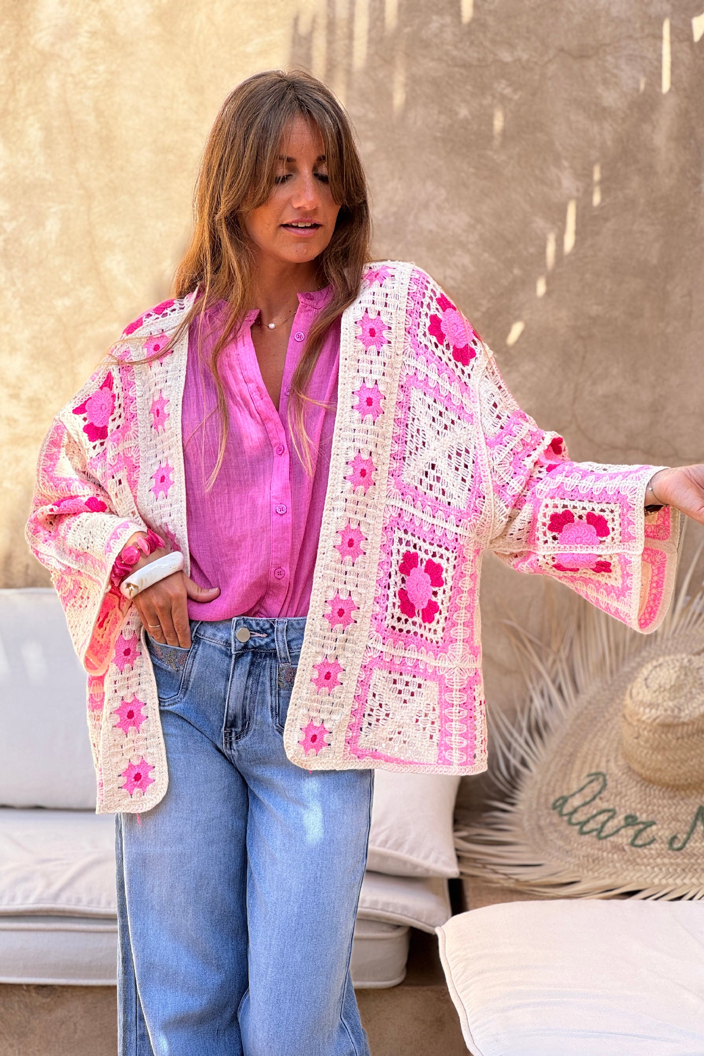 Pink Crochet Blanket Square Cardigan