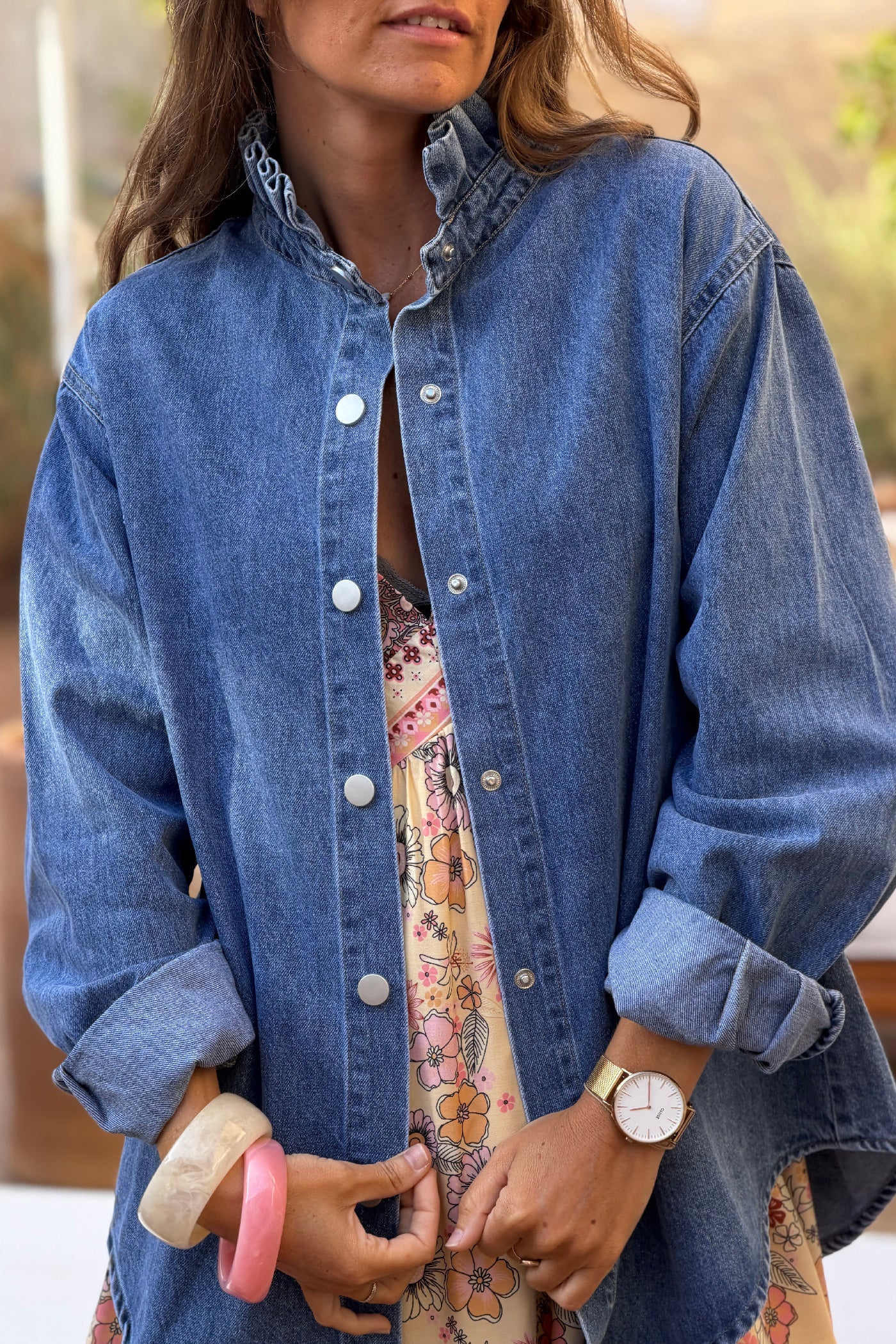 Blue jean Ruffled Collar Denim Jacket
