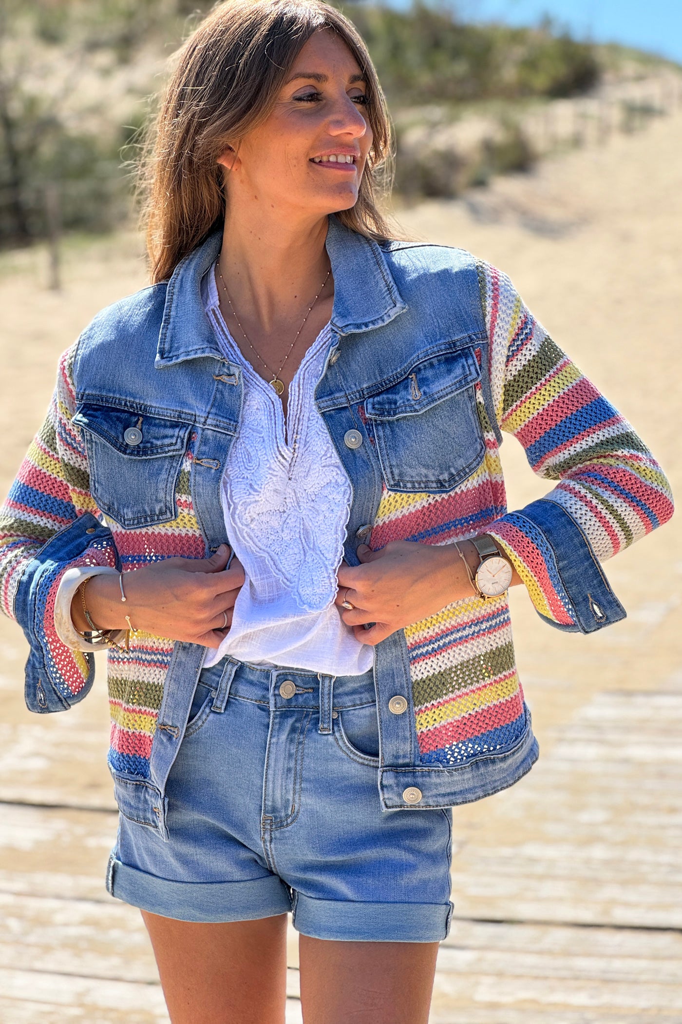 Blue Jean Denim and Crochet Stripe Jacket
