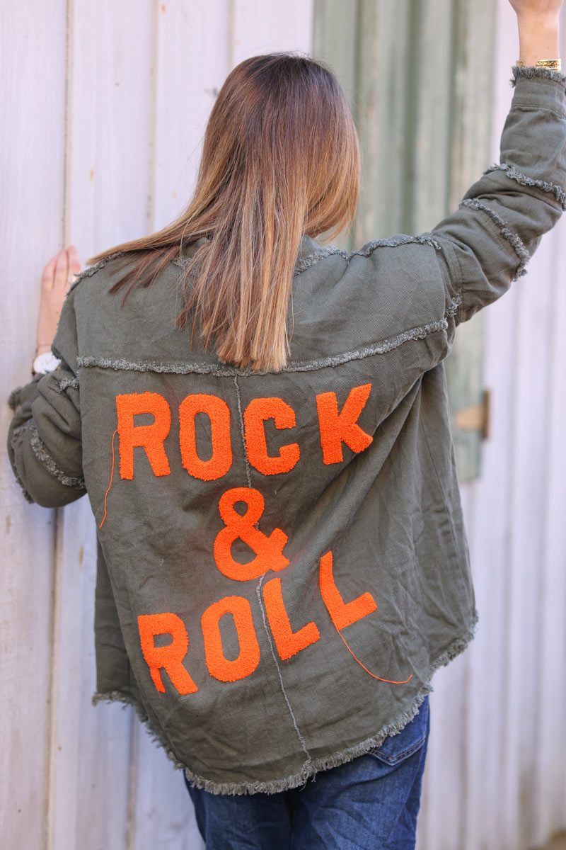 Veste en jean kaki esprit militaire rock and roll orange en éponge