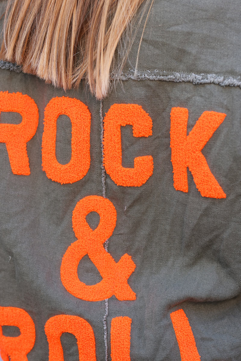 Khaki denim oversized jacket 'ROCK AND ROLL' with raw seams
