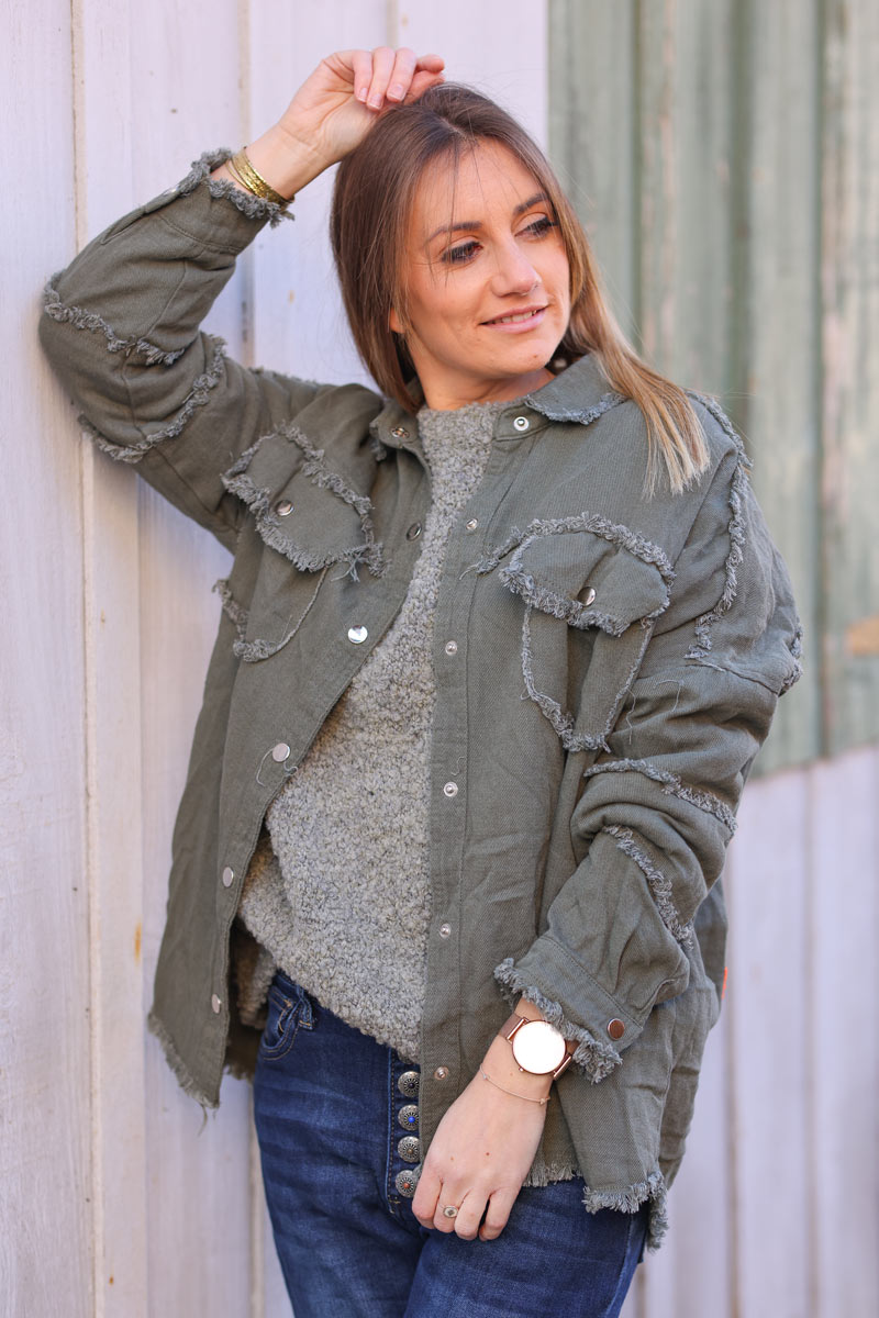 Khaki denim oversized jacket 'ROCK AND ROLL' with raw seams