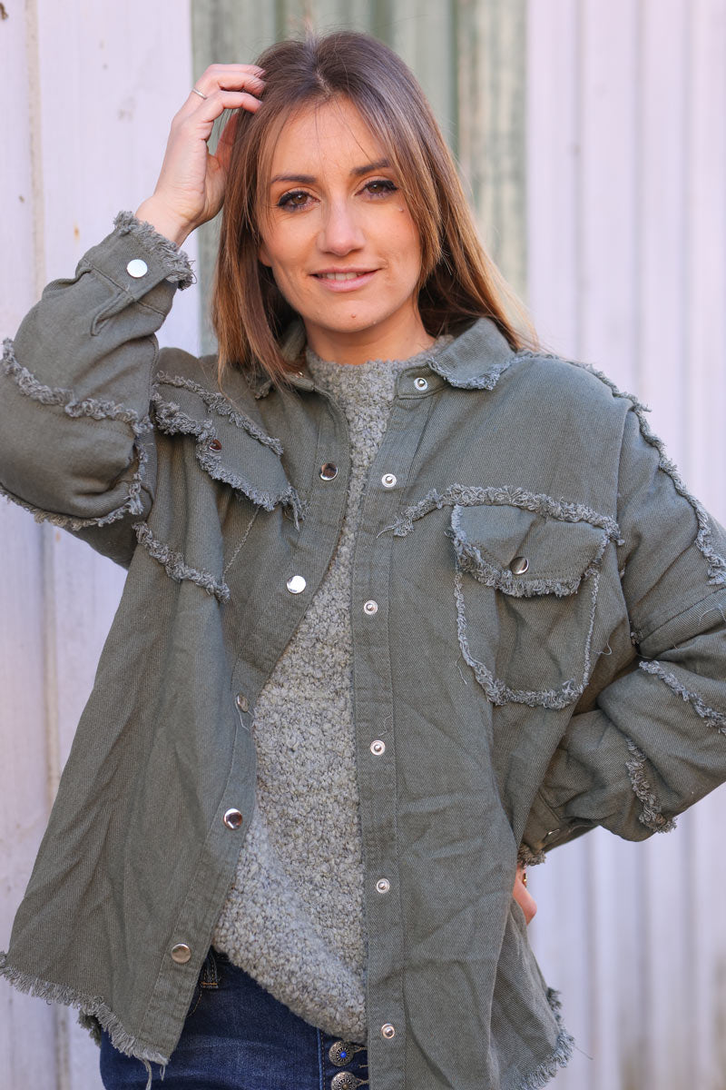 Veste en jean kaki oversize finitions franges Rock and Roll en bouclettes orange