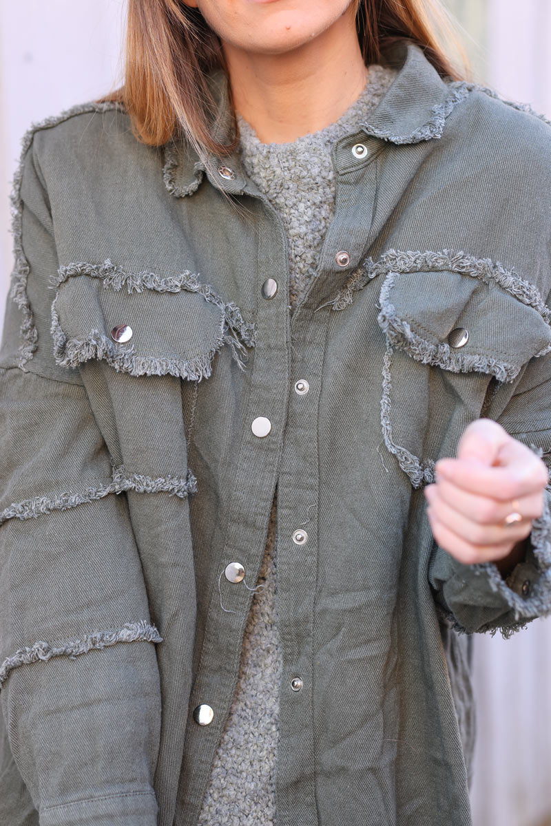 Khaki denim oversized jacket 'ROCK AND ROLL' with raw seams