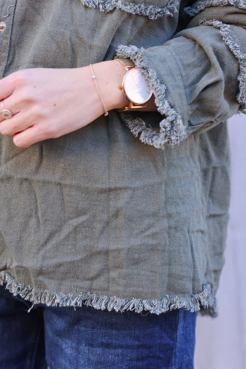 Khaki denim oversized jacket 'ROCK AND ROLL' with raw seams