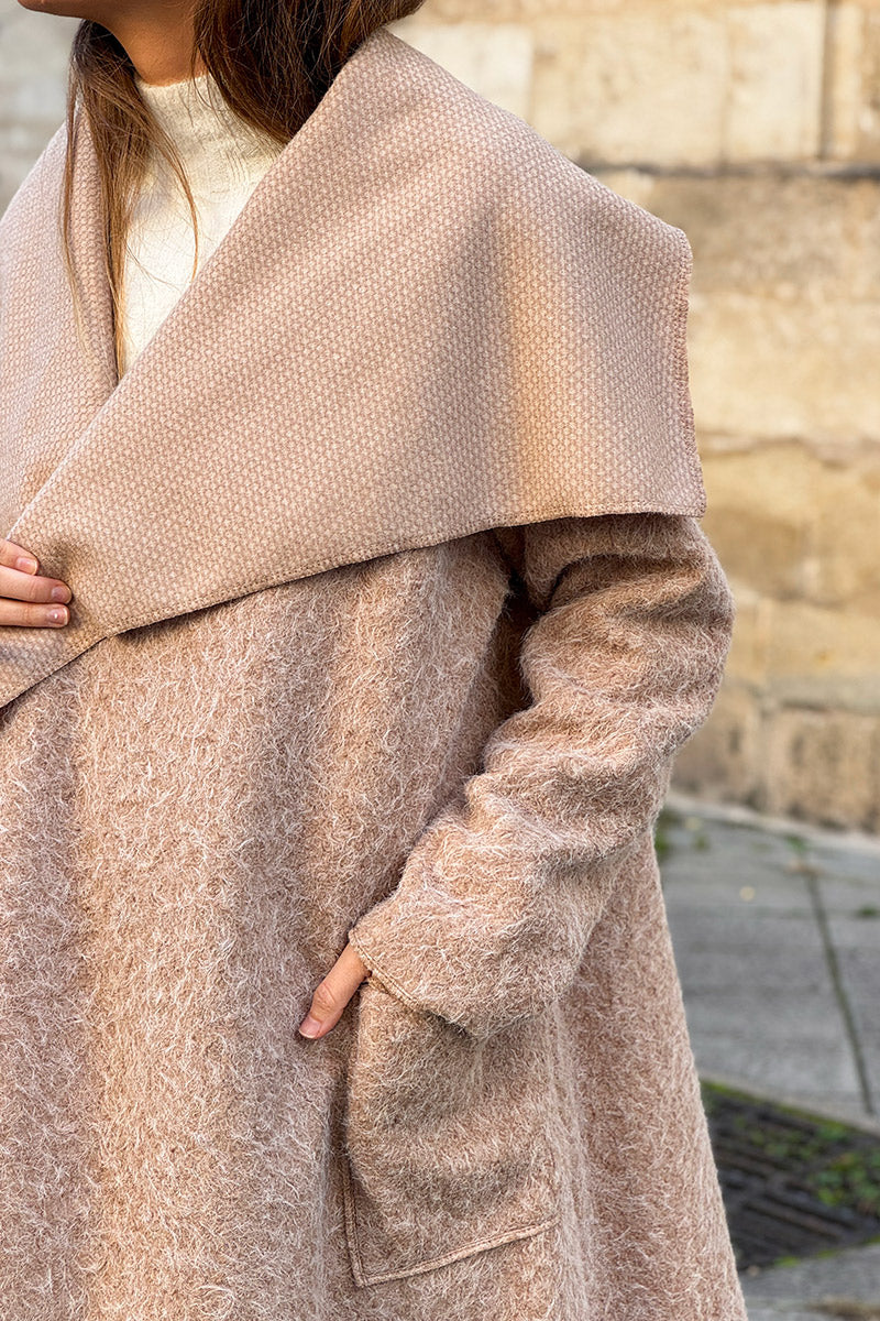 Beige Brushed Wool Drape Front Duster