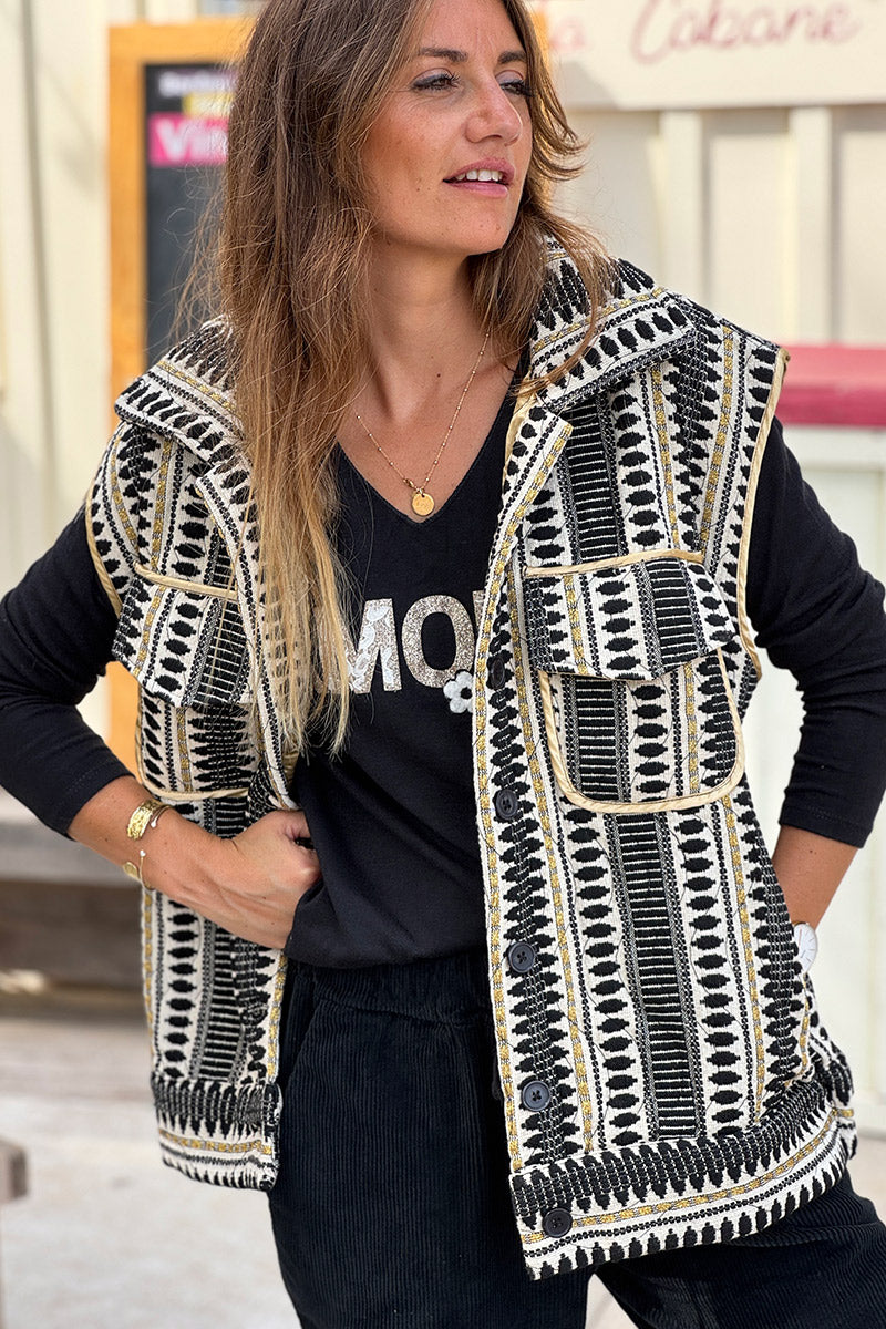 Veste sans manches à boutons broderie aztèque noire et dorée avec poches