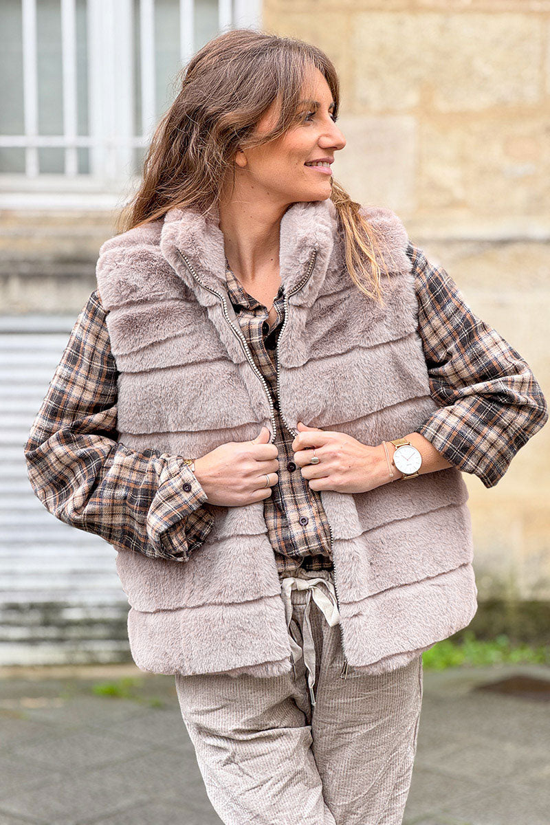 Taupe Faux Fur Zip Front Vest