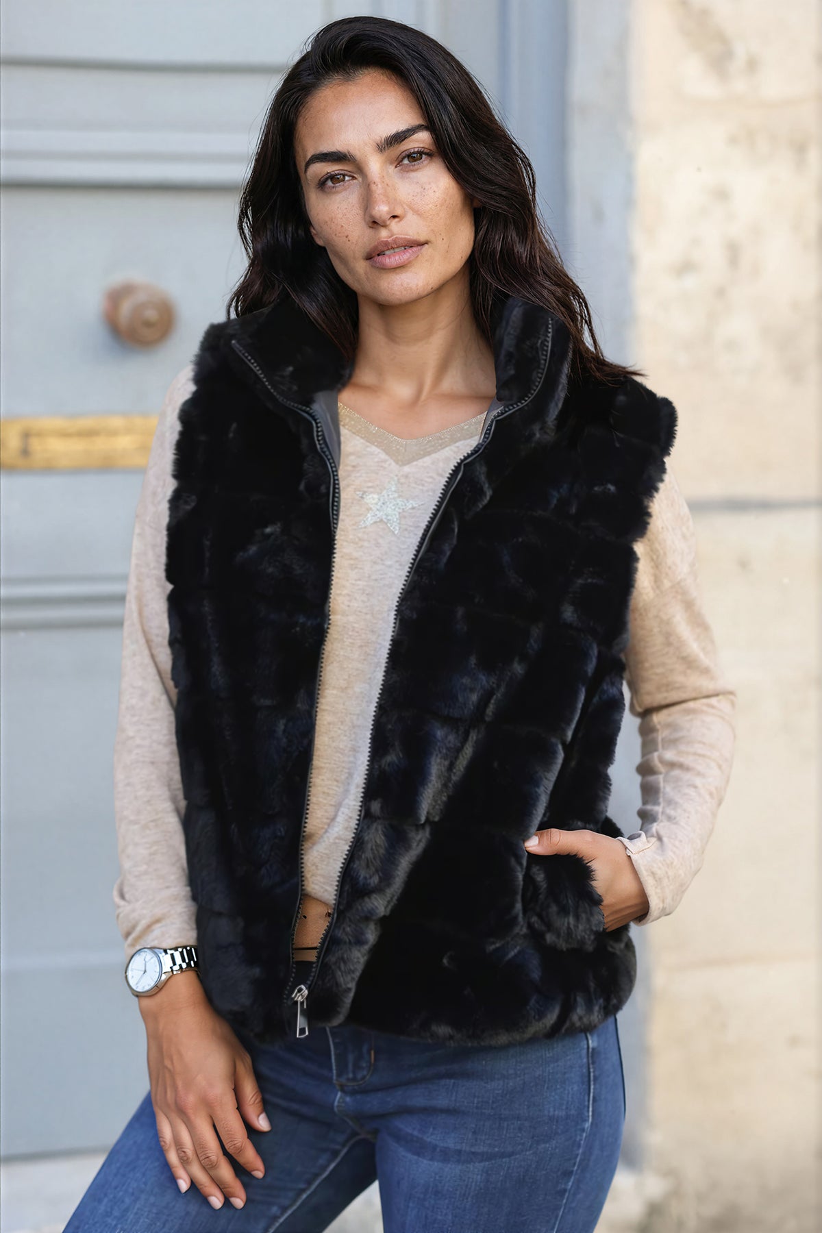 Black Faux Fur Zip Front Vest