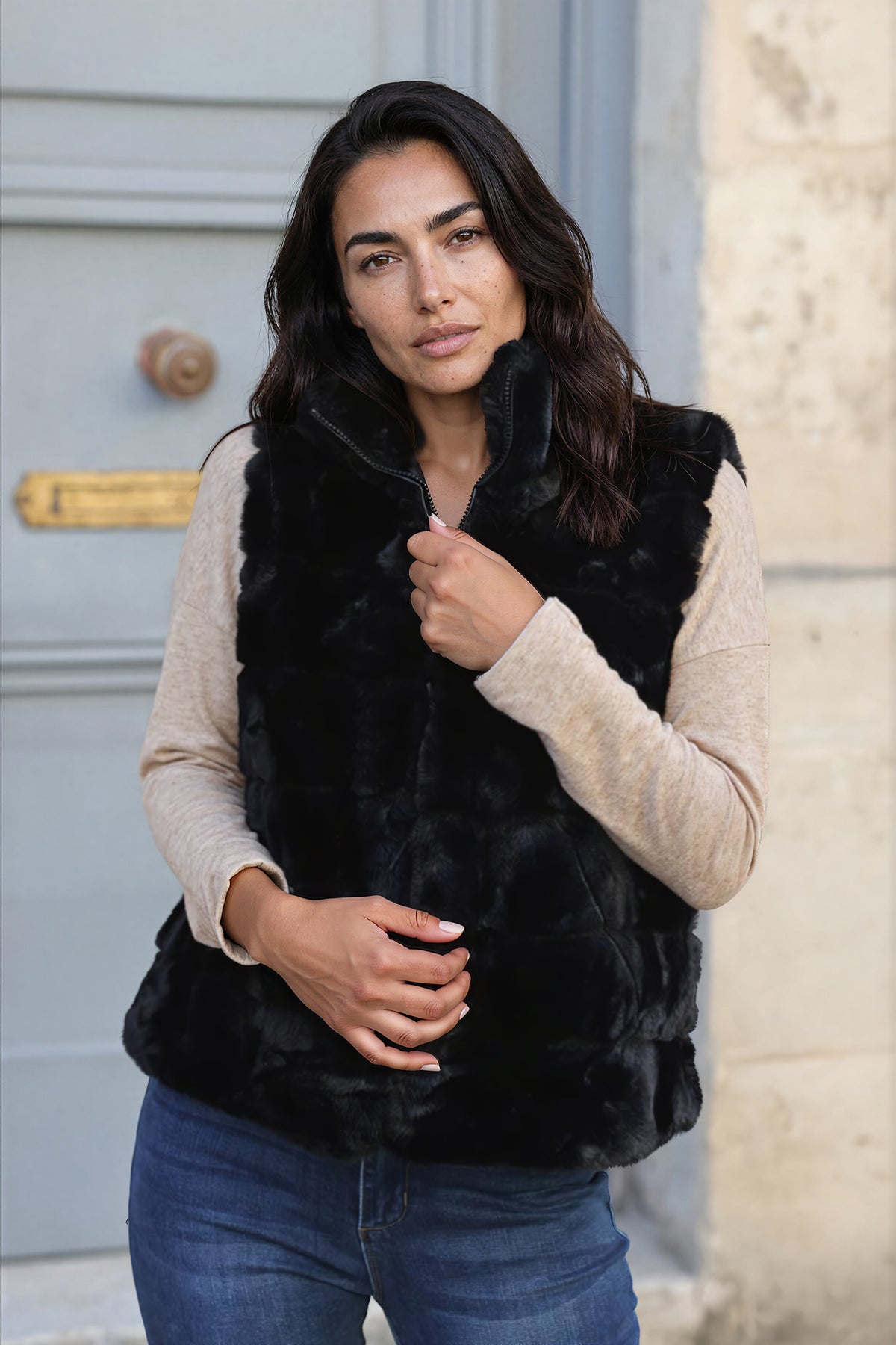 Black Faux Fur Zip Front Vest