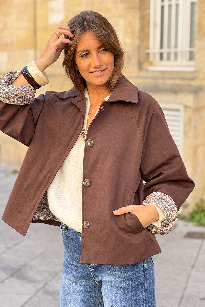 Brown Floral Lined Wind Breaker Jacket
