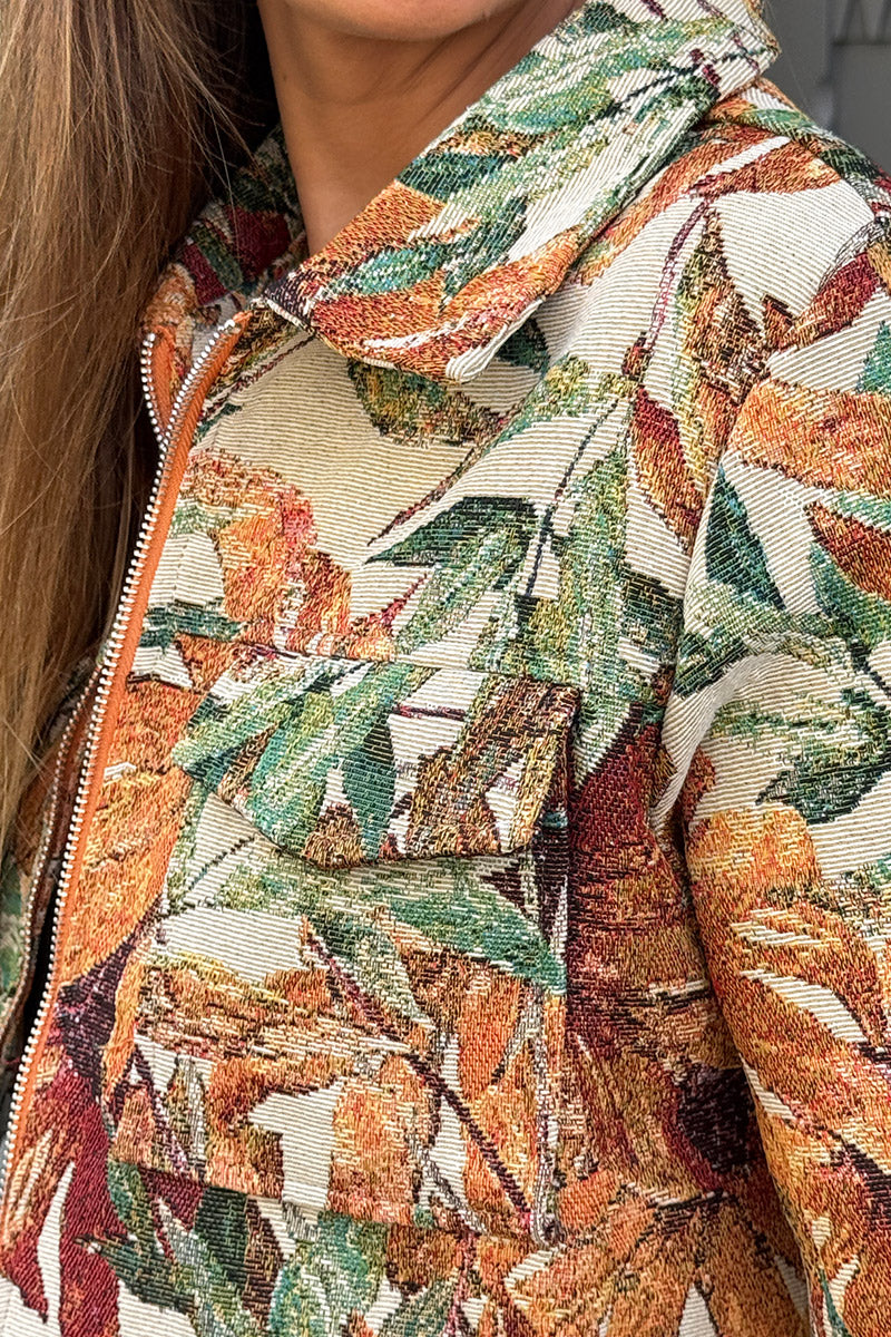 Veste tissu Jacquard motifs fleurs tournesol avec zip