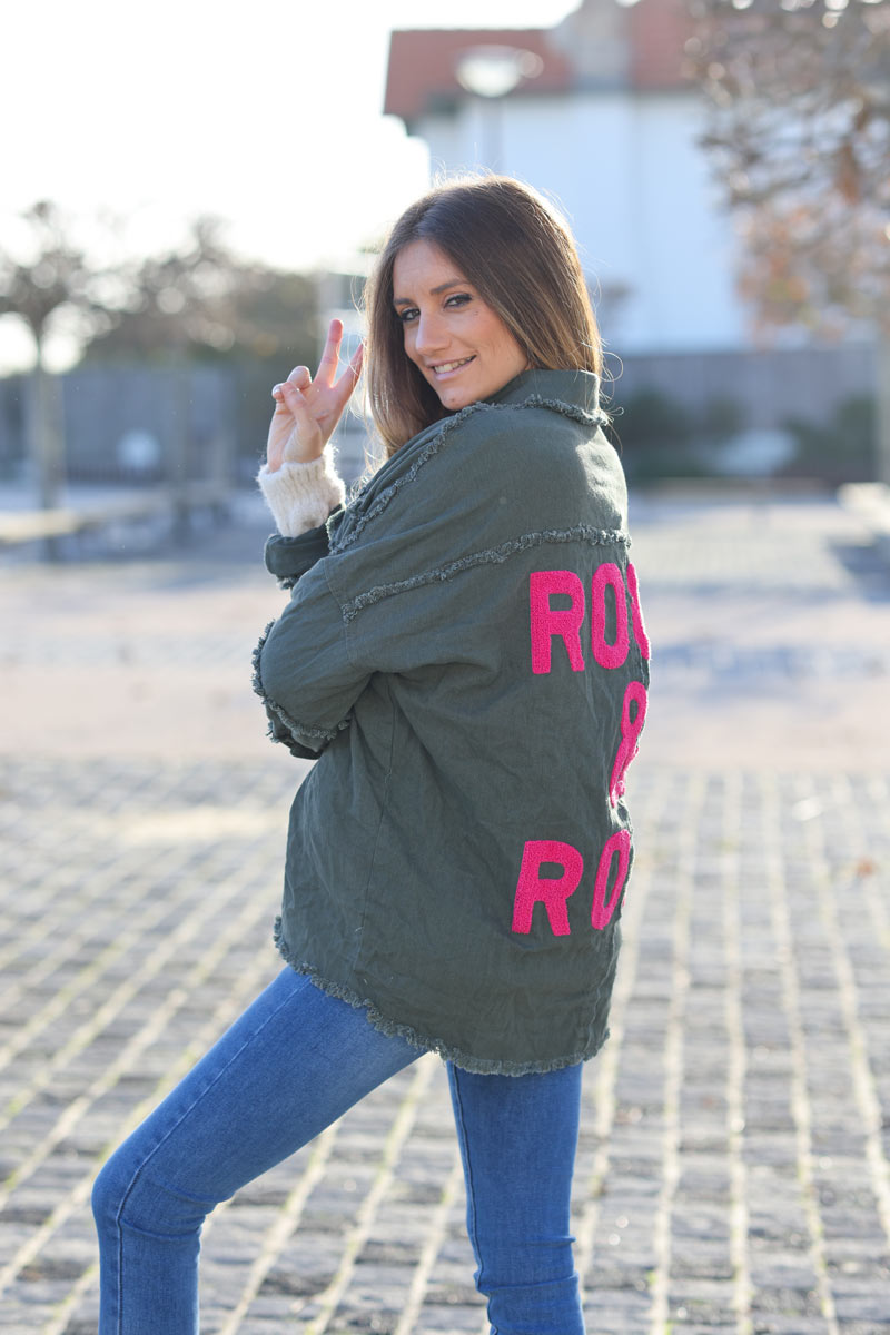 Fuchsia denim oversized jacket 'ROCK AND ROLL' with raw seams