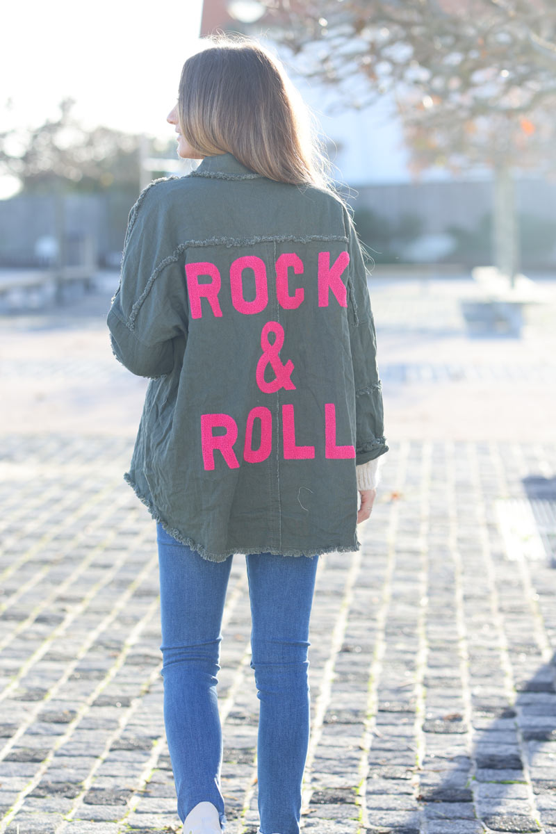 Fuchsia denim oversized jacket 'ROCK AND ROLL' with raw seams